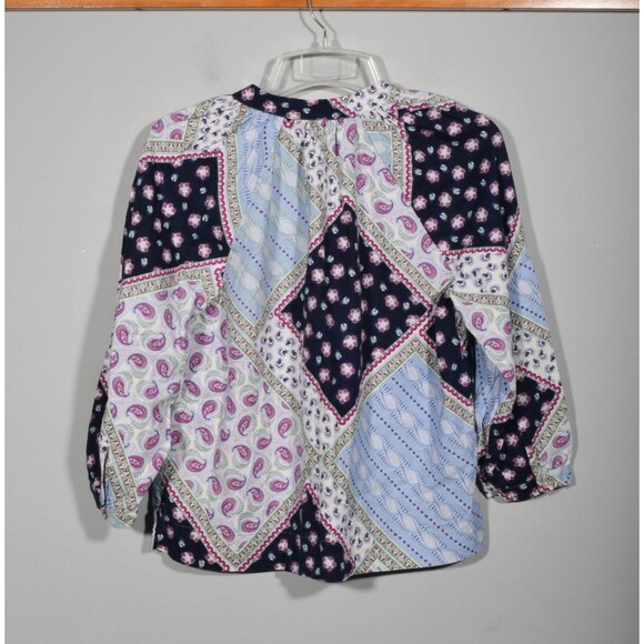 LOFT Linen Blend Navy Magenta Print V Neck Boho Peasant Blouse Top Sz M - Picture 4 of 4